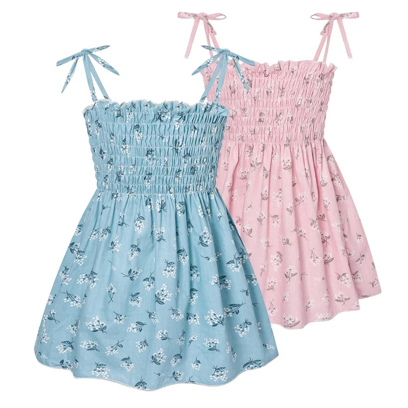 Summer 2-9T Girls Fashion Dress Casual Cute Loose Binding Rope Fragmented Flower Print Hanging Strap Dress