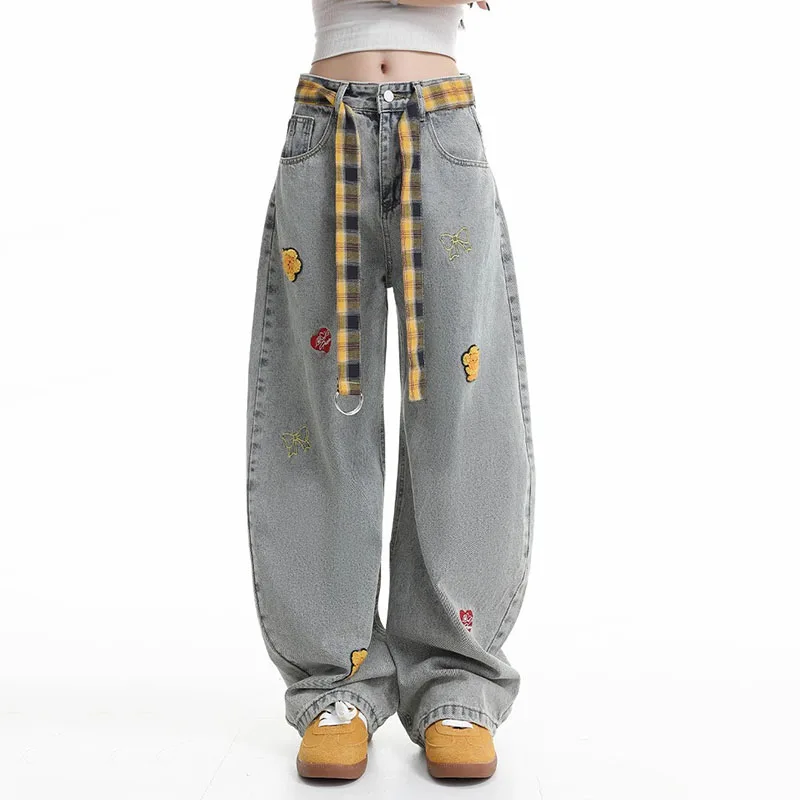 

Осень/зима, корейские ретро брюки с изогнутыми ножками, широкие джинсы, женские джинсы с высокой талией, свободные прямые брюки с вышивкой, брюки