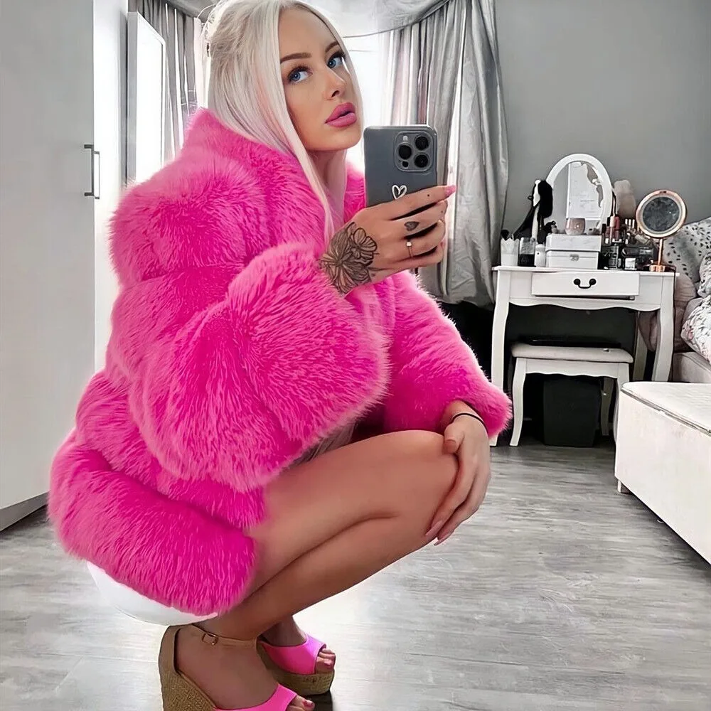 

Women Fuchsia Real Fox Fur Short Coat Genuine Fur Jacket Thick Fashion Outwear thickened fluffy women's clothes trend 2024