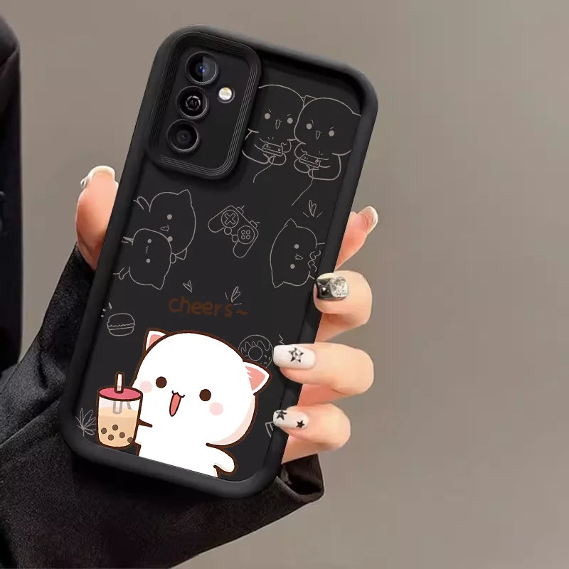 Cartoon Peach Mochi Cat Couple Case for Samsung S25 S24 S23 S22 S21 S20 Plus FE Note 20 Ultra M55 Cute Animal Paired Soft Covers