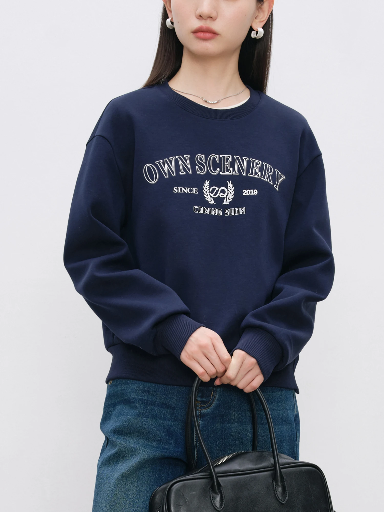 ZIQIAO Women Sweatshirts Letter Print Retro Casual Female Grey Pullover Sweatshirt Drop Sleeve Navy Blue Winter Tops 24ZQ94295