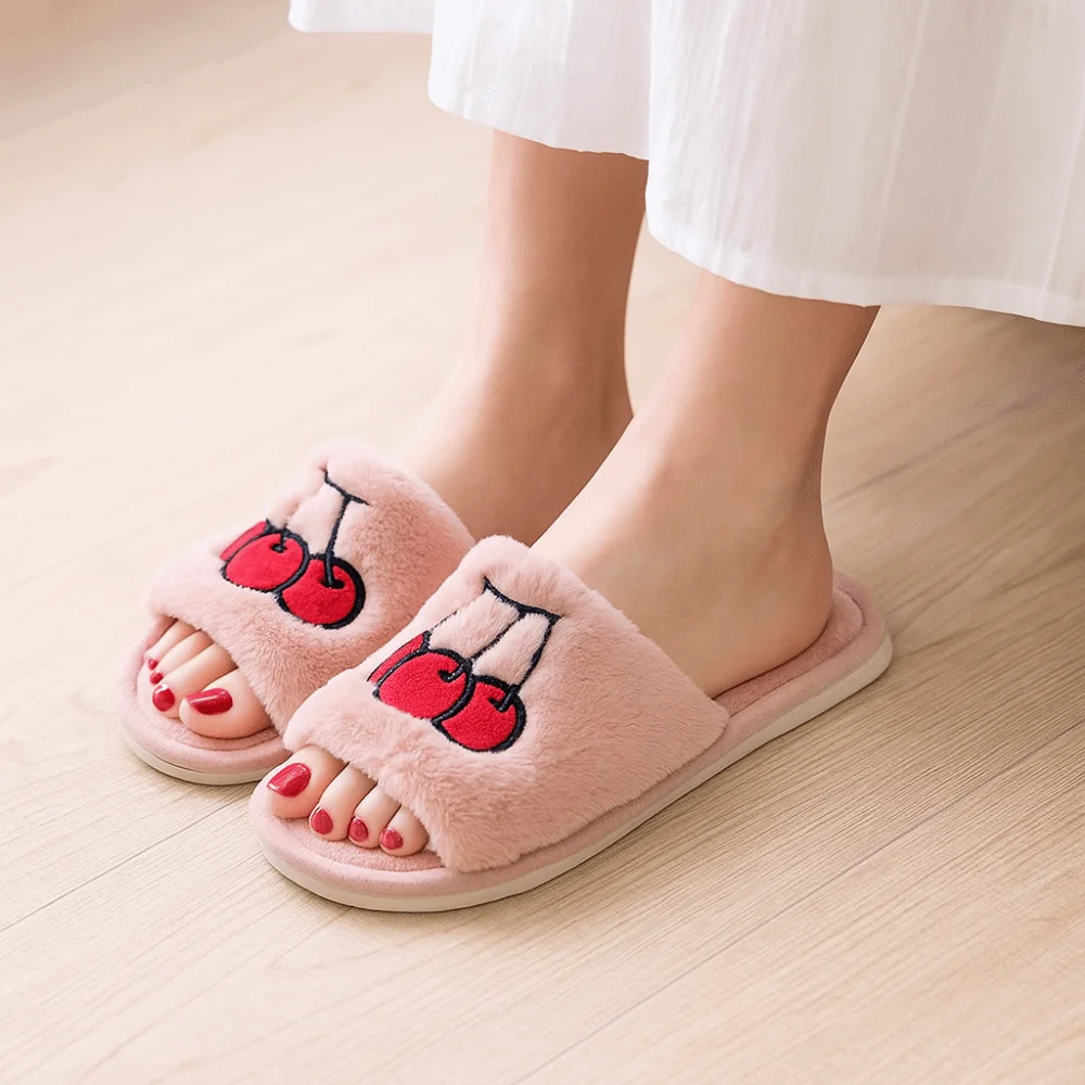 

1Pair Plush Cotton Fruit Fluffy Slippers Embroidered Open Toe Little Cherry Slippers Soft Warm Fuzzy Women Slipper Autumn Winter