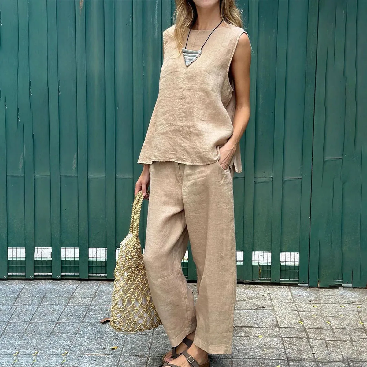 Spring Summer New Solid Color Sleeveless Women\'s Loose Round Neck Suit Simple Fashion Pocket Casual Long Pants Female 2piece Set