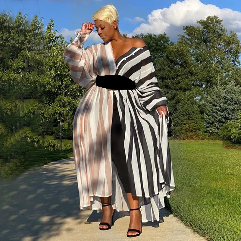 KEXU Stripe Loose Shirt Style High Waist Long Plus Size Dresses Women Nightclub Single Breasted Casual Street Maxi Dress