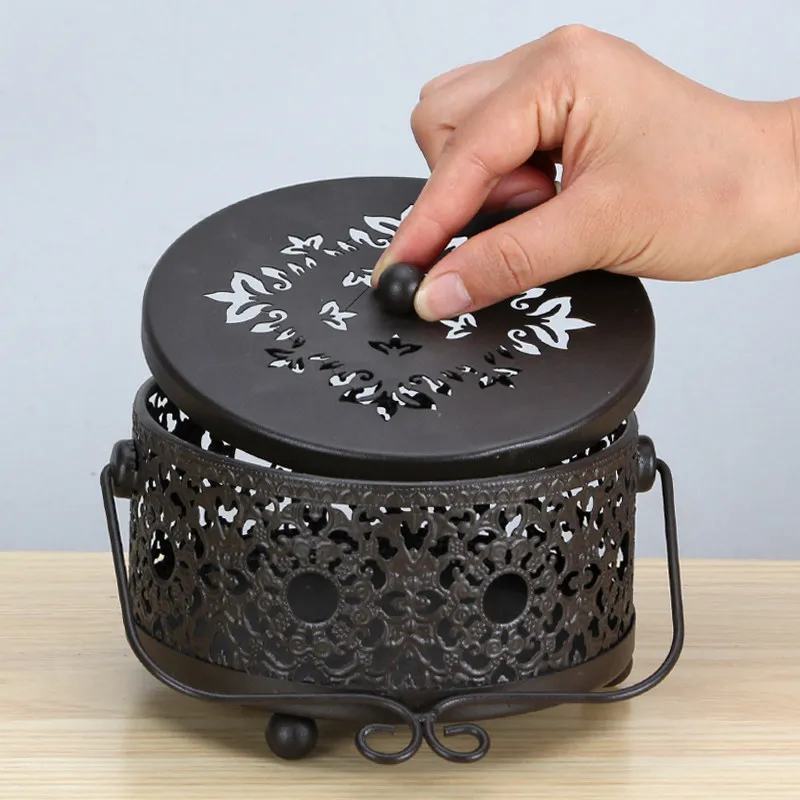 Wrought Iron Mosquito Coil Holder Hollow Flower Fireproof Anti-scald with Lid Ash Tray