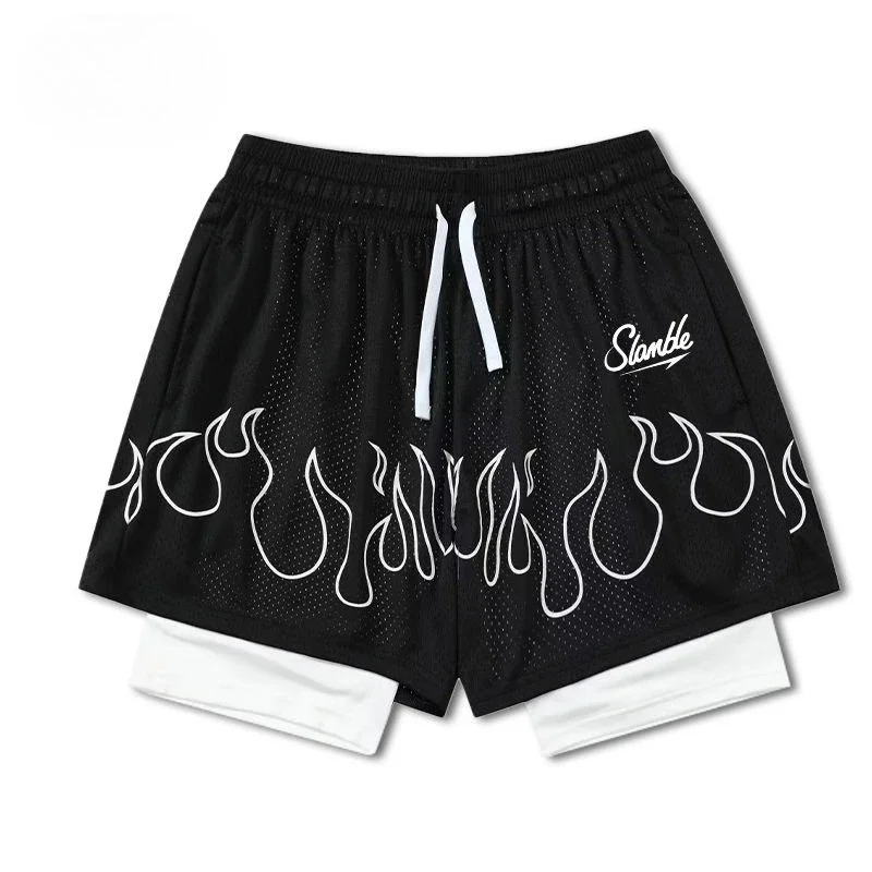 

Summer New Printed Flame American Fake Two-piece Basketball Shorts Training Fitness Running Shorts and Motorcycle Shorts