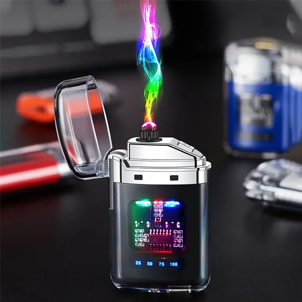 New Electronic Pulse Lighter Transparent Body Power Display Dual Arc Type C Rechargeable Windproof Plasma Lighter Smoking Gift