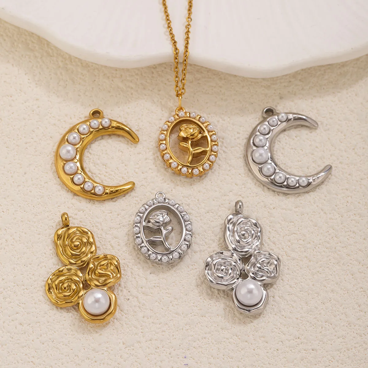 5Pcs Stainless Steel 18K Gold Plated Moon Rose pearl Charms Pendants DIY Necklace Bracelet Earrings Jewelry Making Accessories view 2