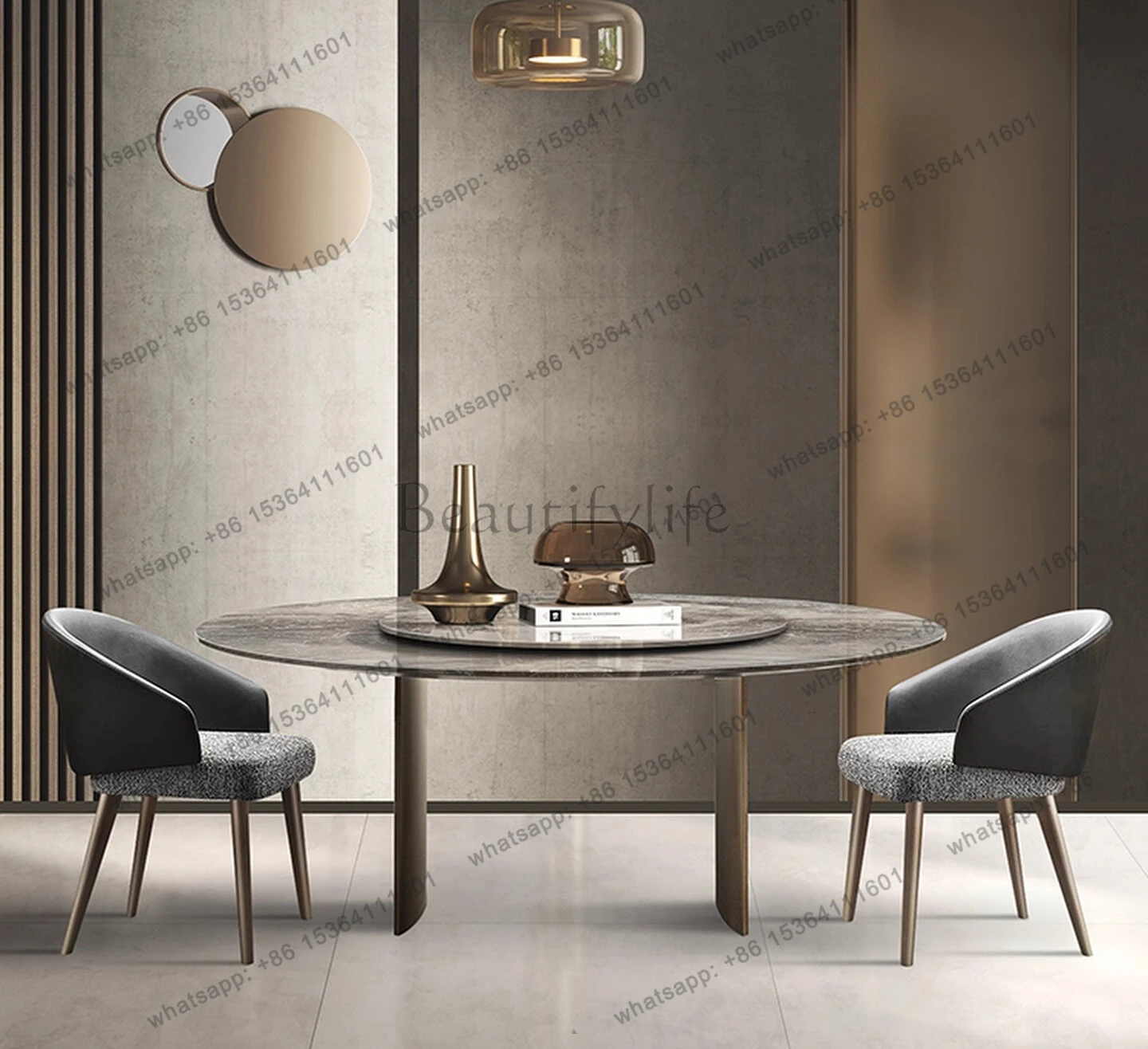 Dining table Venice brown marble round table modern simple light luxury round high-end