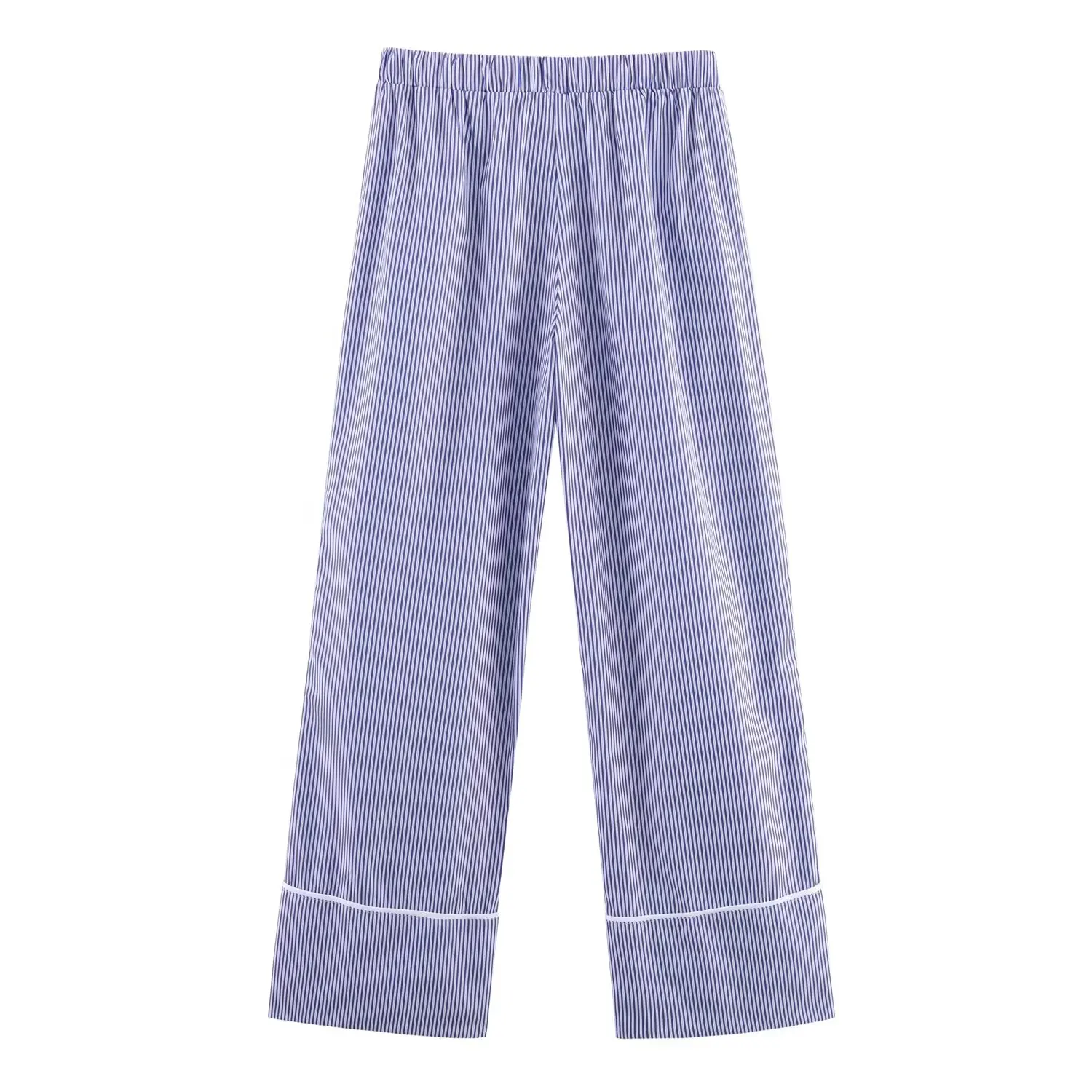 Women Casual Chic Blue Stripe Pants Set Female Striped Long Sleeve Shirt Or Lady Elastic Waist Straight Leg Striped Pants