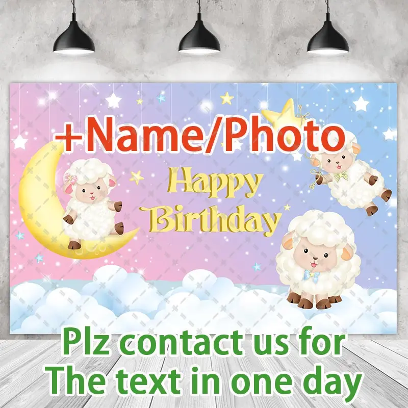 Cute Baby Sheep Party Backdrops Children Kids Photography Cake Smash Stars Moon Pink Blue Background Shoot Customize Name Photo