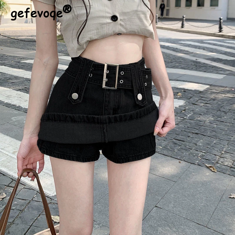 

Sexy Gothic Punk Denim Micro Skirt Women Y2K Skort Summer Korean Belt High Waist Slim Black Jeans Shorts Skirt Girl Streetwear