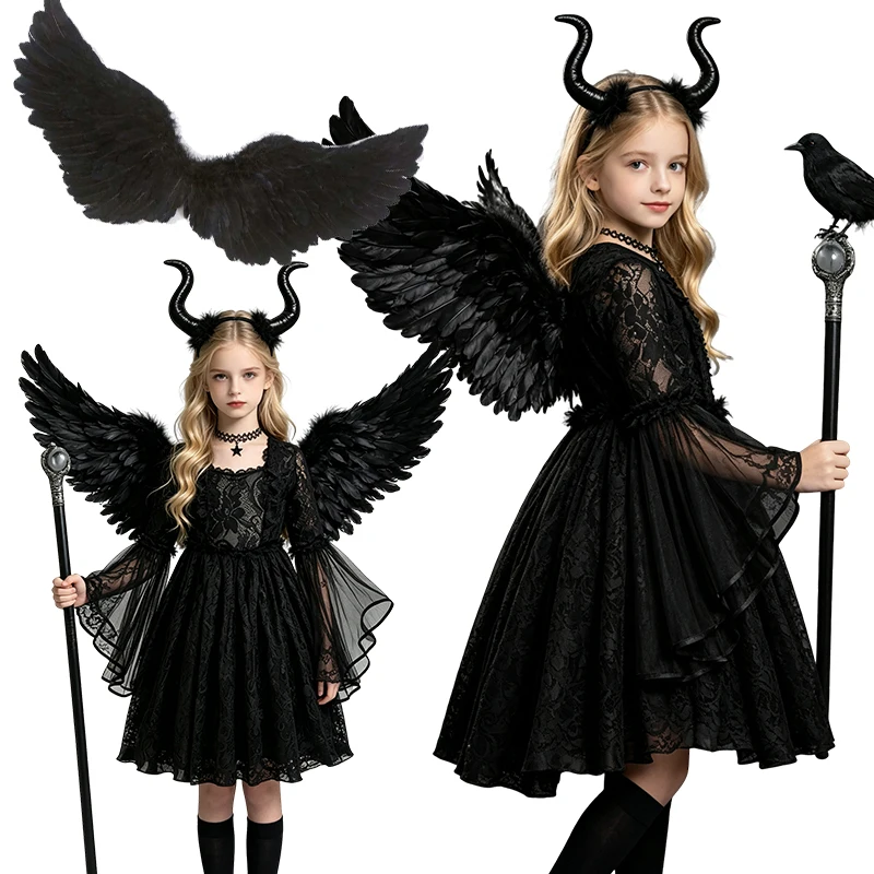 Kids Black Evil Queen Costume Set Girls Halloween Party Dress With Horn Headband Feather Wings Elf Ears Cosplay Carnival Outfit