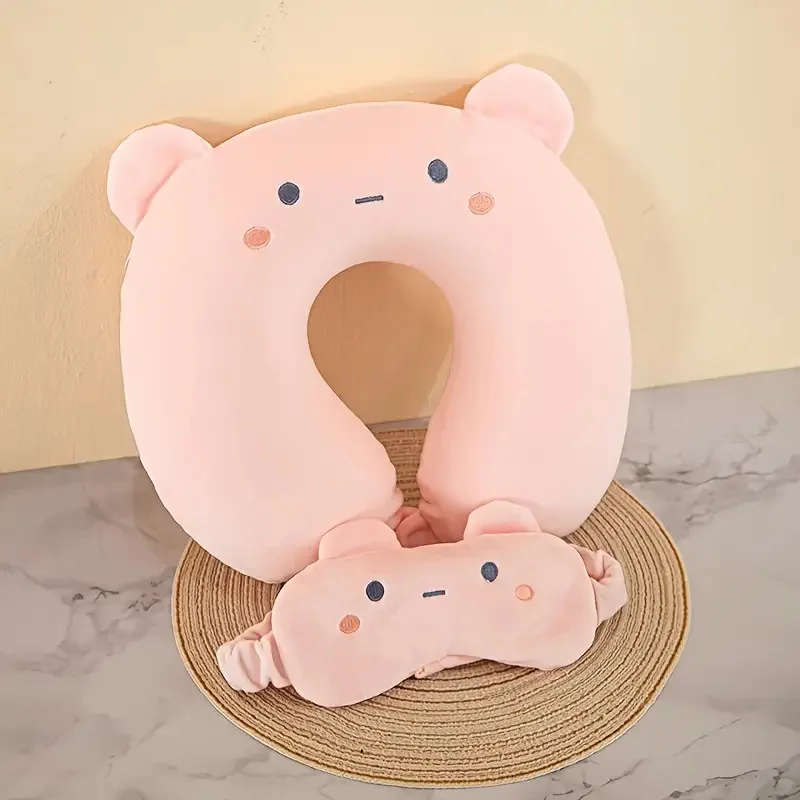 Cute Cartoon Animal U Shaped Neck Pillow Memory Foam Travel Set with Eye Mask Removable Cover