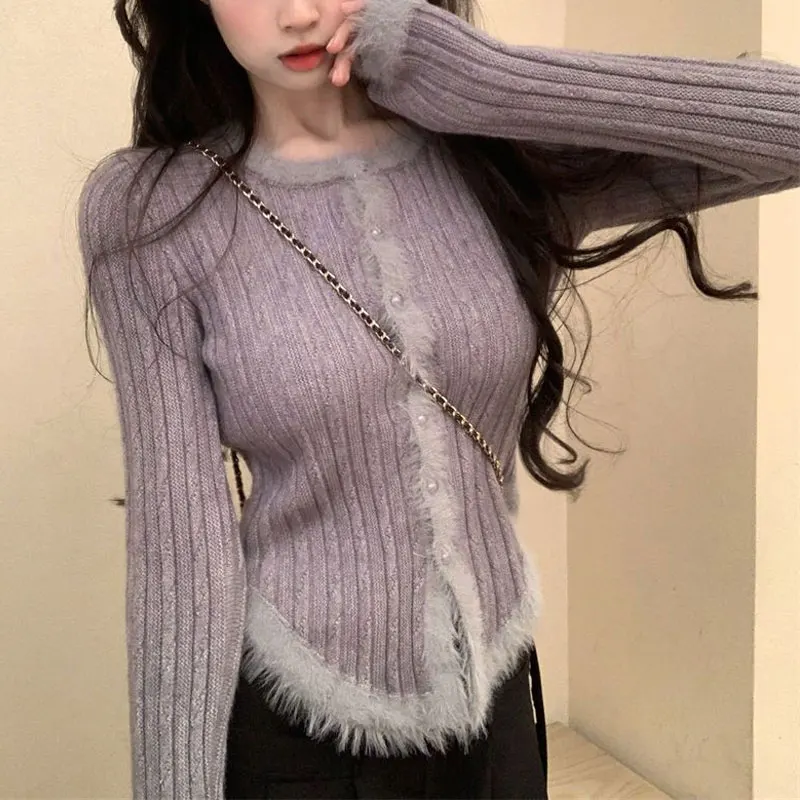 

Fashionable Patchwork O-Neck Knitted Cardigan Women's Clothing Solid Color Autumn Winter New Slim Single-breasted Basic Sweaters