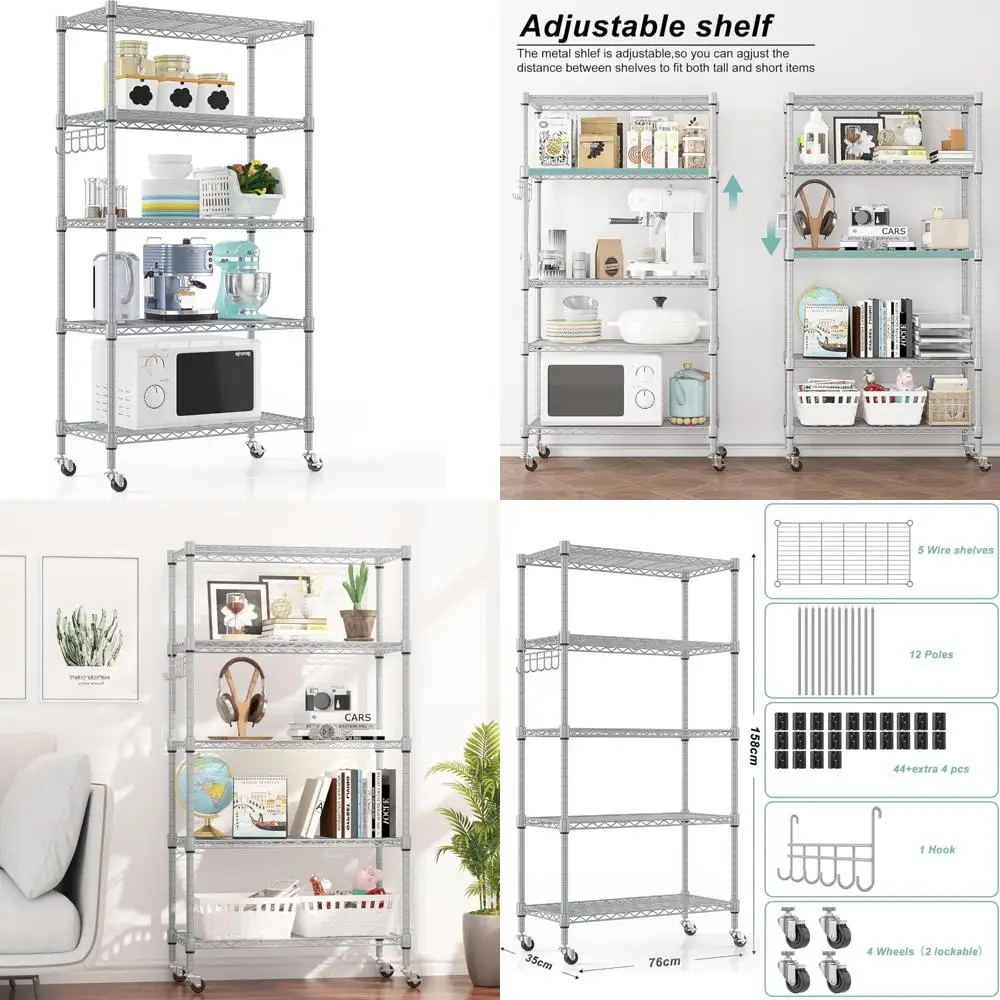 

Adjustable Heavy-Duty Metal Shelving Unit with Wheels and Side Hooks for Ultimate Storage Organization