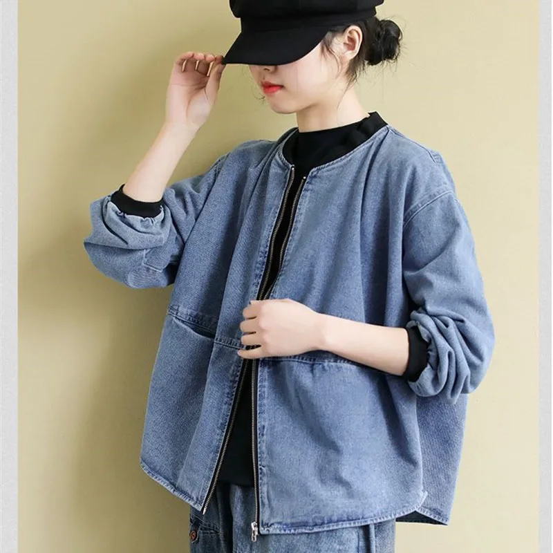 

Korean Women Long Sleeves Jeans Coat Retro Femme Solid Color Cowboy Outwear Spring Autumn Ladies Fashion Round Neck Denim Jacket