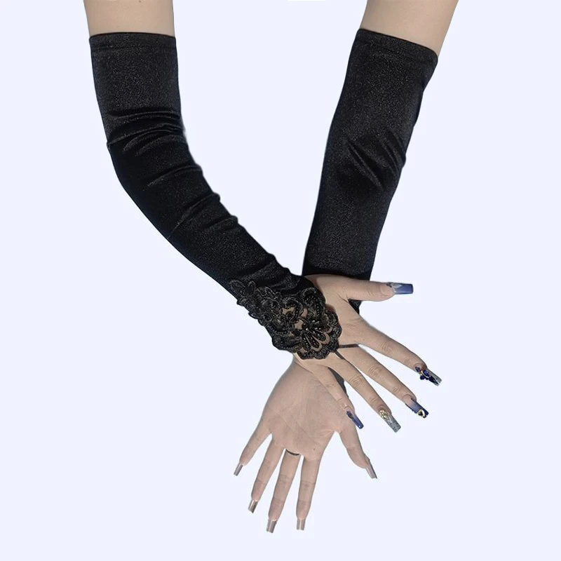 48cm Long Satin Sexy Lace Embroidery Hook Finger Gloves Retro Party Women Etiquette Drive Cosplay Dinner Dance Mittens