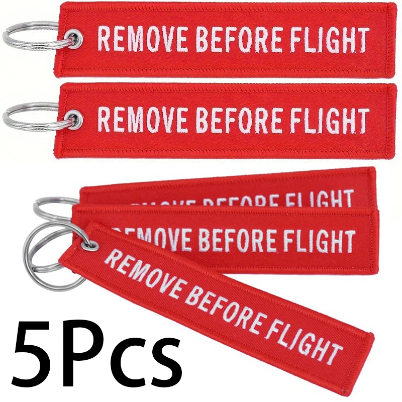 

5 Pcs Fashion Remove Before Flight Tags Keychain Keyring Rectangle Embroidery Keyring