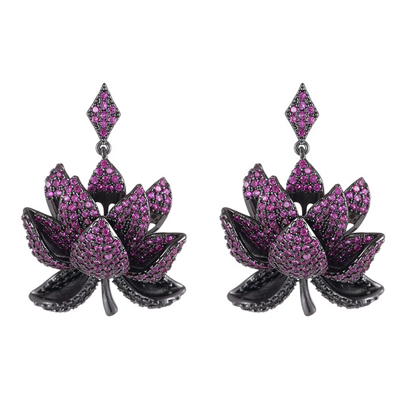 

exquisite zirconia lotus flower earrings blue fushia jewelry gown dinner party wedding luxury jewelry women dangling earrings
