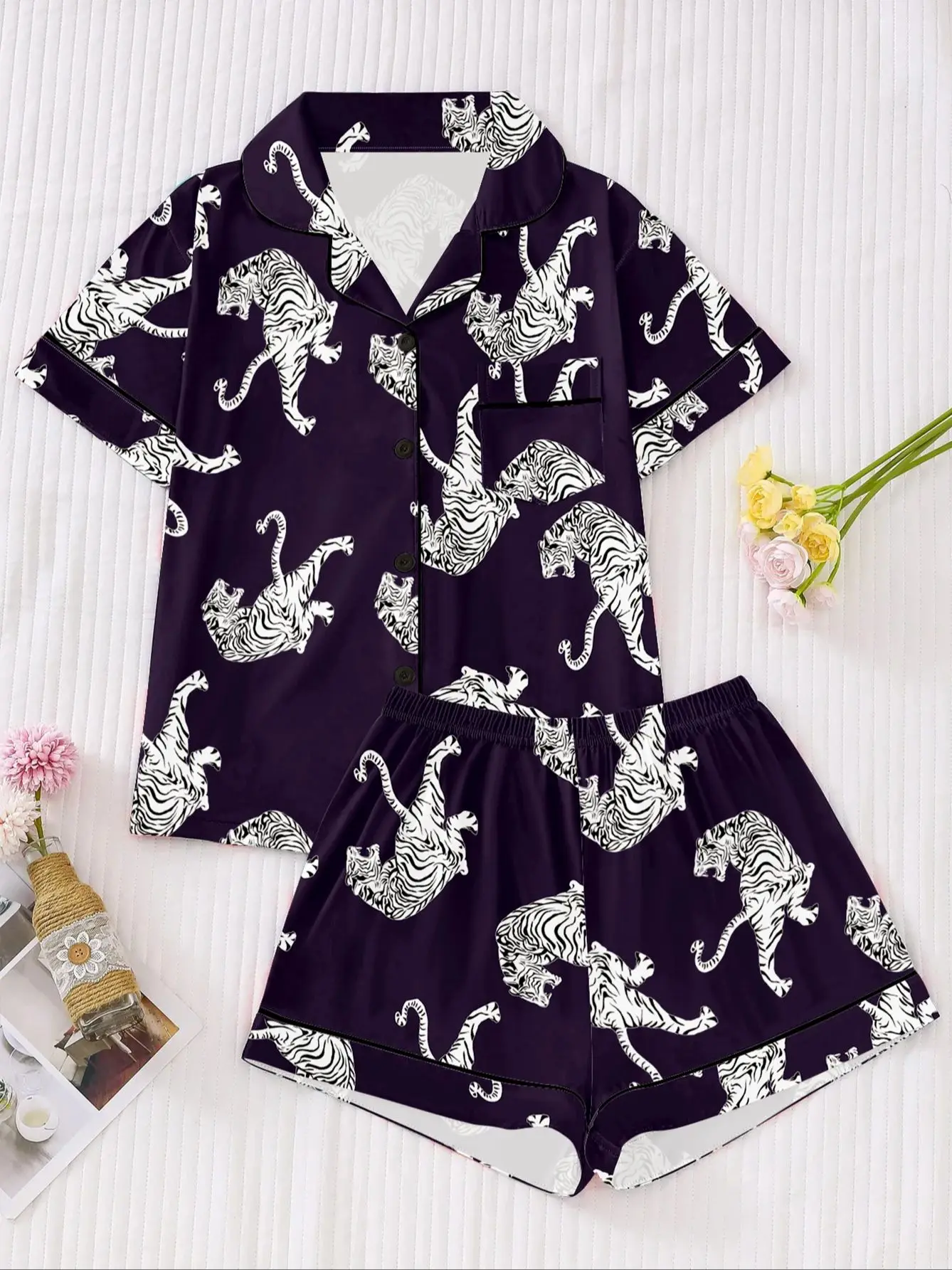 2-teiliges Set Standardgröße Damen Vier-Jahreszeiten Frühlings- und Sommer-Pyjama-Set für Frauen, lässig und modisch mit Tiermuster – Detail 1