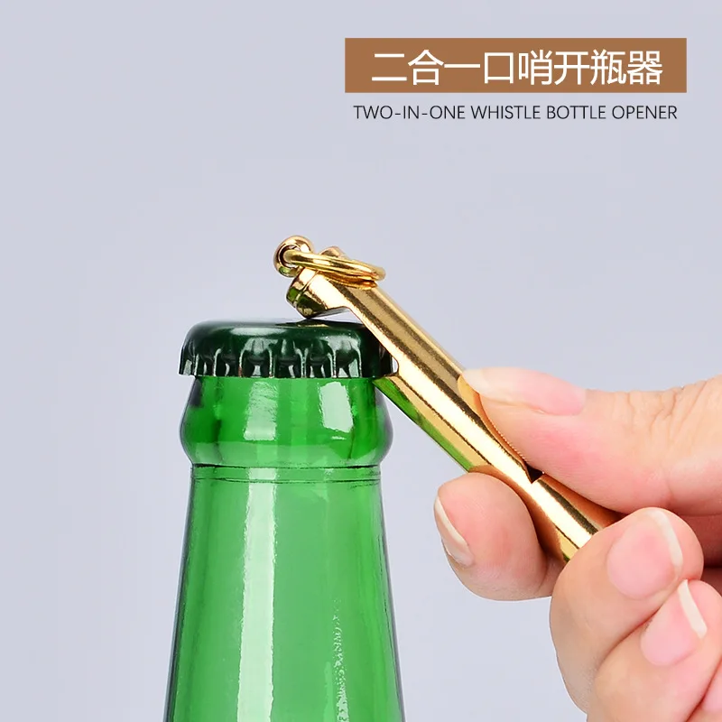 Pure brass whistle with bottle opener, gold key pendant, beer driver, outdoor high pitched life guard whistle