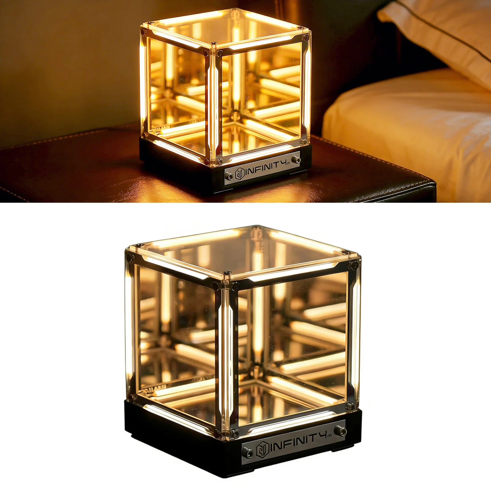 4D Mood Night Light Mirror Acrylic LED Space Ambient Lamp for Bookshelf Bedside Table Touch Dimming Rechargeable Yellow
