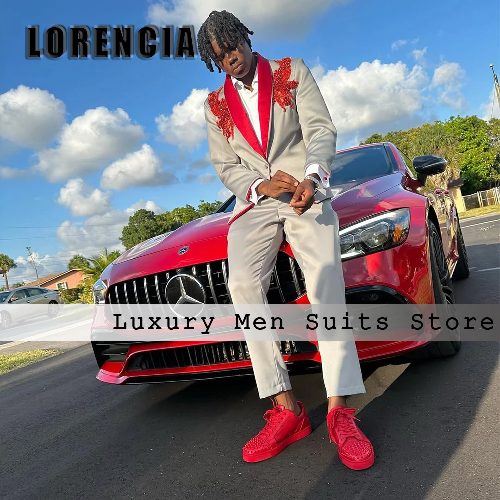 

Casual Applique 2 Pieces Men Suits Shawl Collar Wedding Party Groom Tuxedos Customized Luxury Blazer Pants trajes para hombre