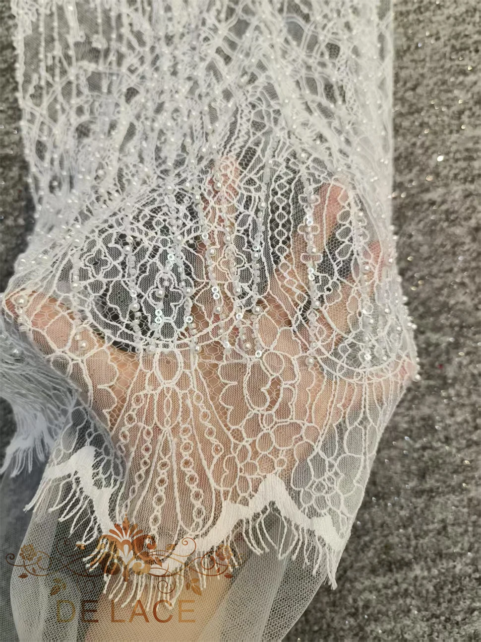Vintage Sexy Eyelash Lace Sequin Embroidery Fabric Luxury Heavy Beaded Lace Fabric for Wedding Dresses