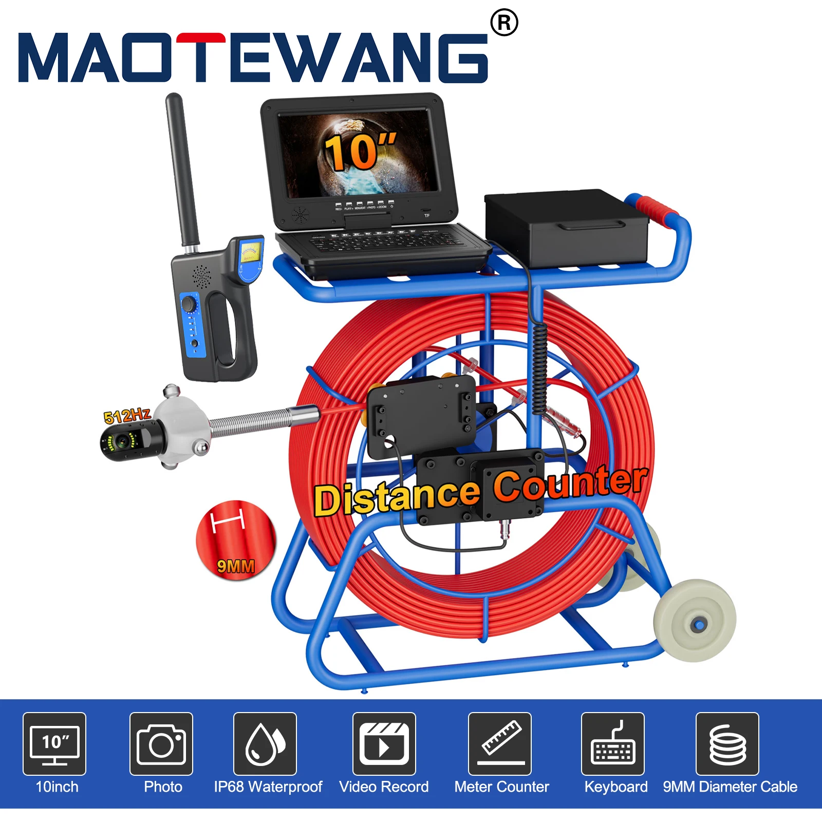 360 degrees Sewer Inspection Camera 10″ IPS Monitor Endoscope Camera With 512HZ Transmitter Locator+Meter Counter+Keyboard