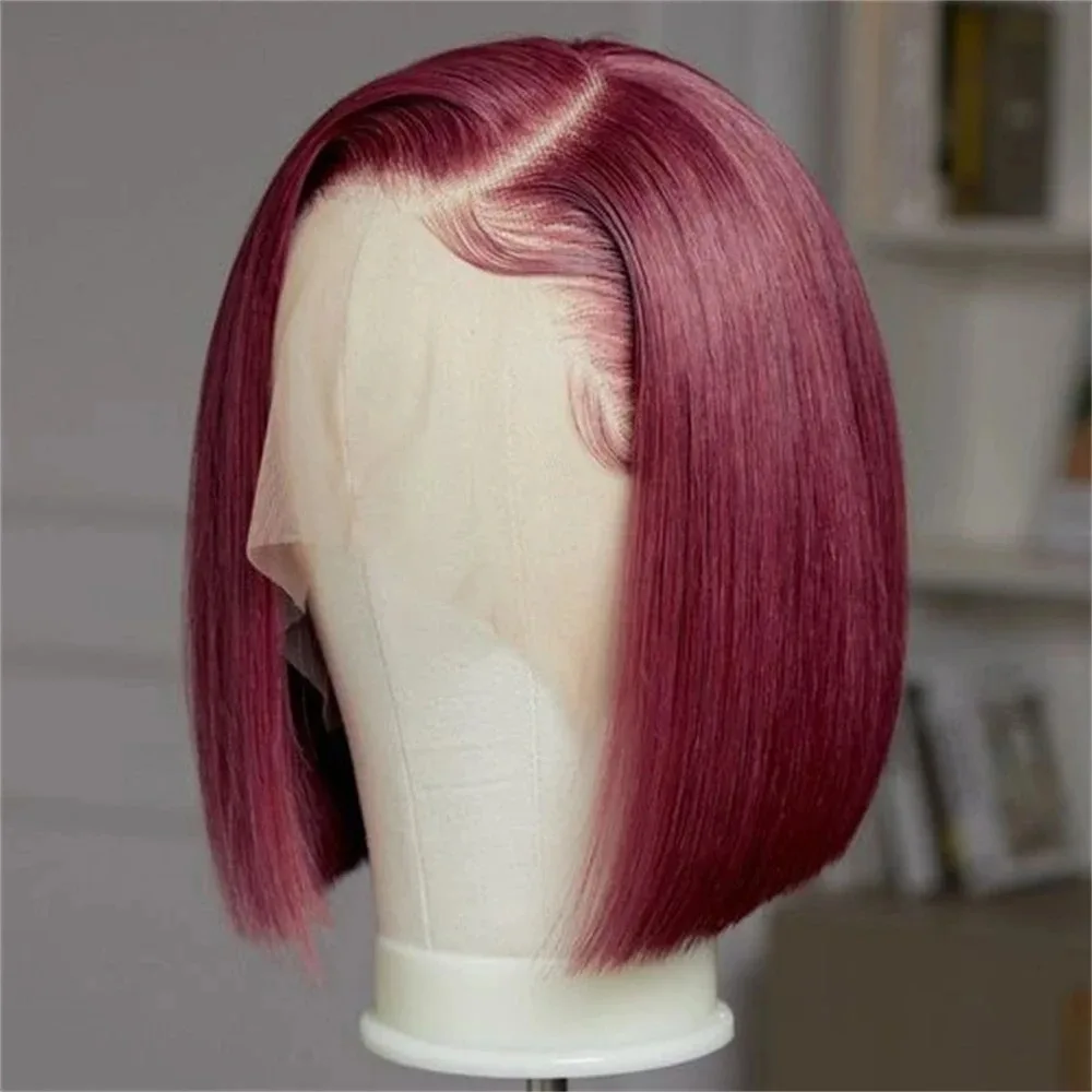 99J Burgundy 13x4 Bob Straight Pre Plucked Wigs Short Brazilian Synthetic Wigs Transparent Lace Front Wig