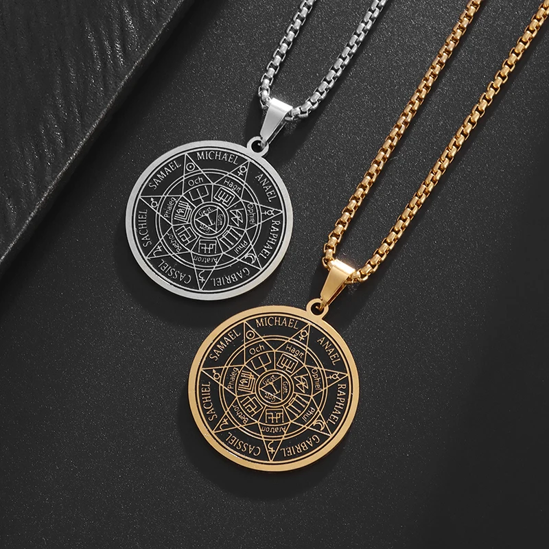 Stainless Steel Vintage Solomon Religious Seven Archangels Compass Pendant Necklace Men's Lucky Amulet Jewelry