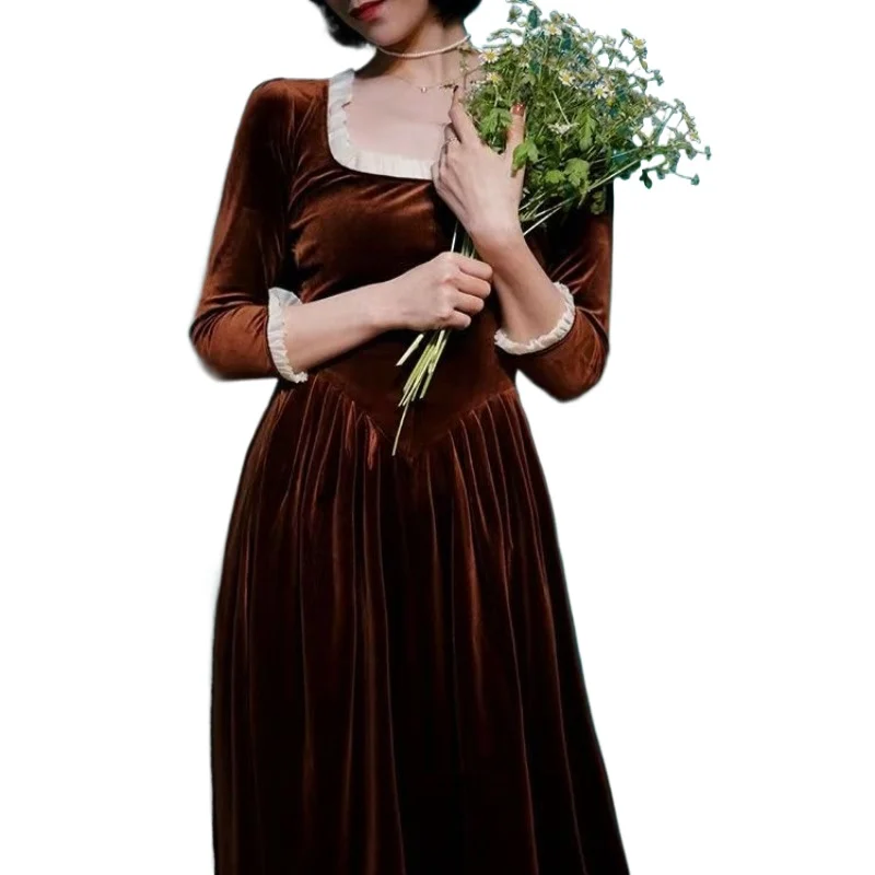 Retro Court-style Velvet Dress New Summer Vintage Dress Square Neck Strong Design Sense High Quality and High Appearance Level