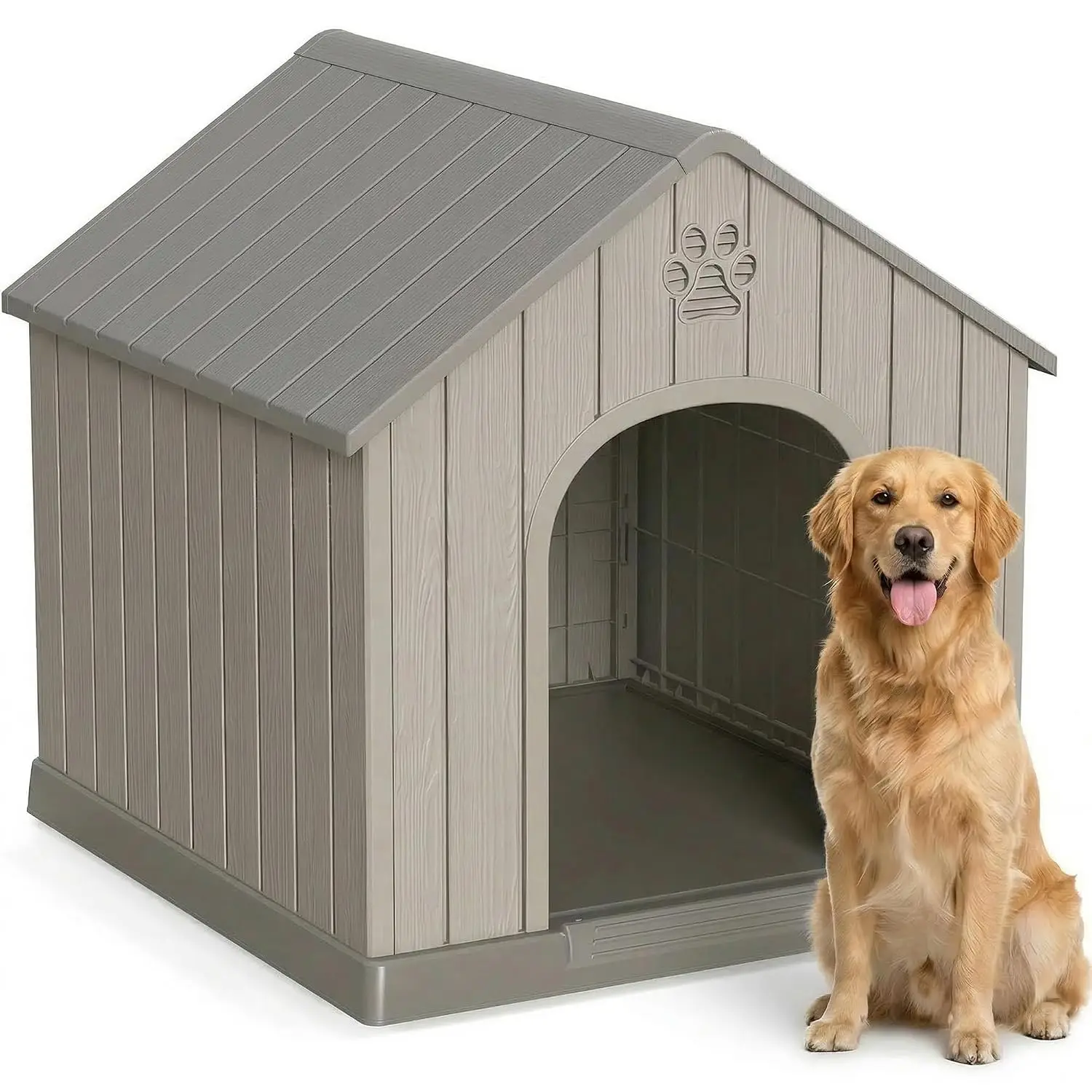 Outdoor Dog House Waterproof Roof Ventilated Resin Raised Floor Medium Large Dogs Easy Assembly Gray, Customized