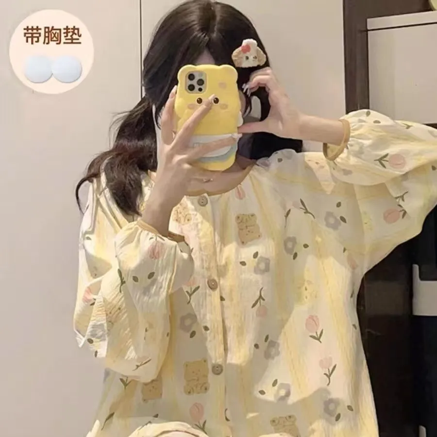 New Women Padded Round-neck Cardigan Pajamas Spring Autumn Lady Long-sleeve Top Long Pants Homewear Soft Loungewear Girls Woman