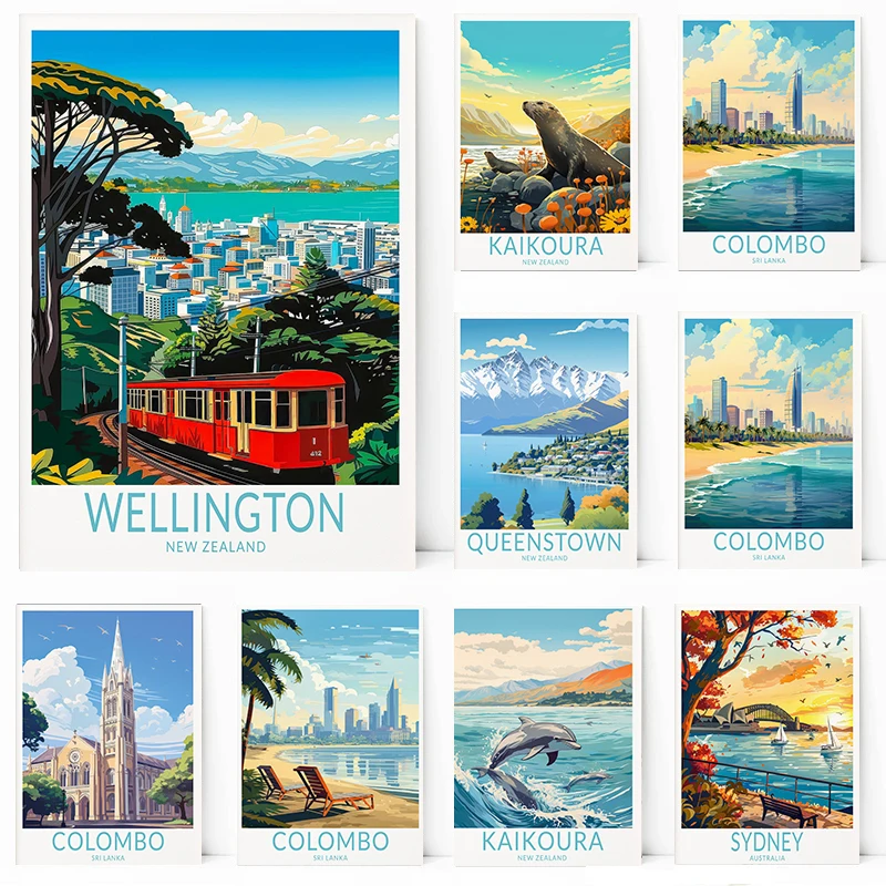 Oceania Cities Travel Poster Canvas Printing Traveling Wall Art Picture Kandy Sri Lanka Sydney Hong Kong City Travel home Decor