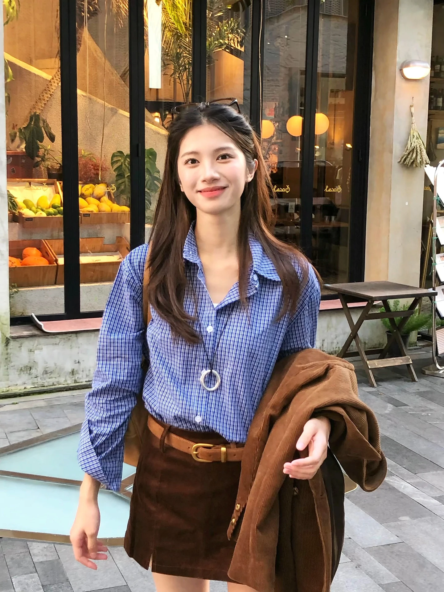 

Королевская синяя клетчатая рубашка с длинным рукавом и завязками, осенняя, с высокой талией, в стиле Miu, повседневная одежда для мужчин и женщин