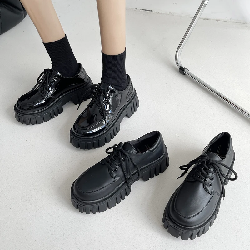 Rimocy Patent Leather Platform Oxford Shoes for Women 2022 Spring Casual Lace Up Flats Woman Black Chunky Shoes Zapatillas Mujer