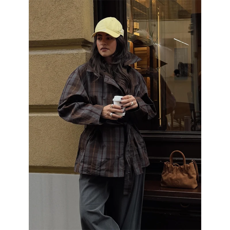 Ladies Lapel Collar Checkered Short Trench Jacket Waist Tie Belt Raglan Sleeve Double Breasted Elegant Daily Outer Garment 2026