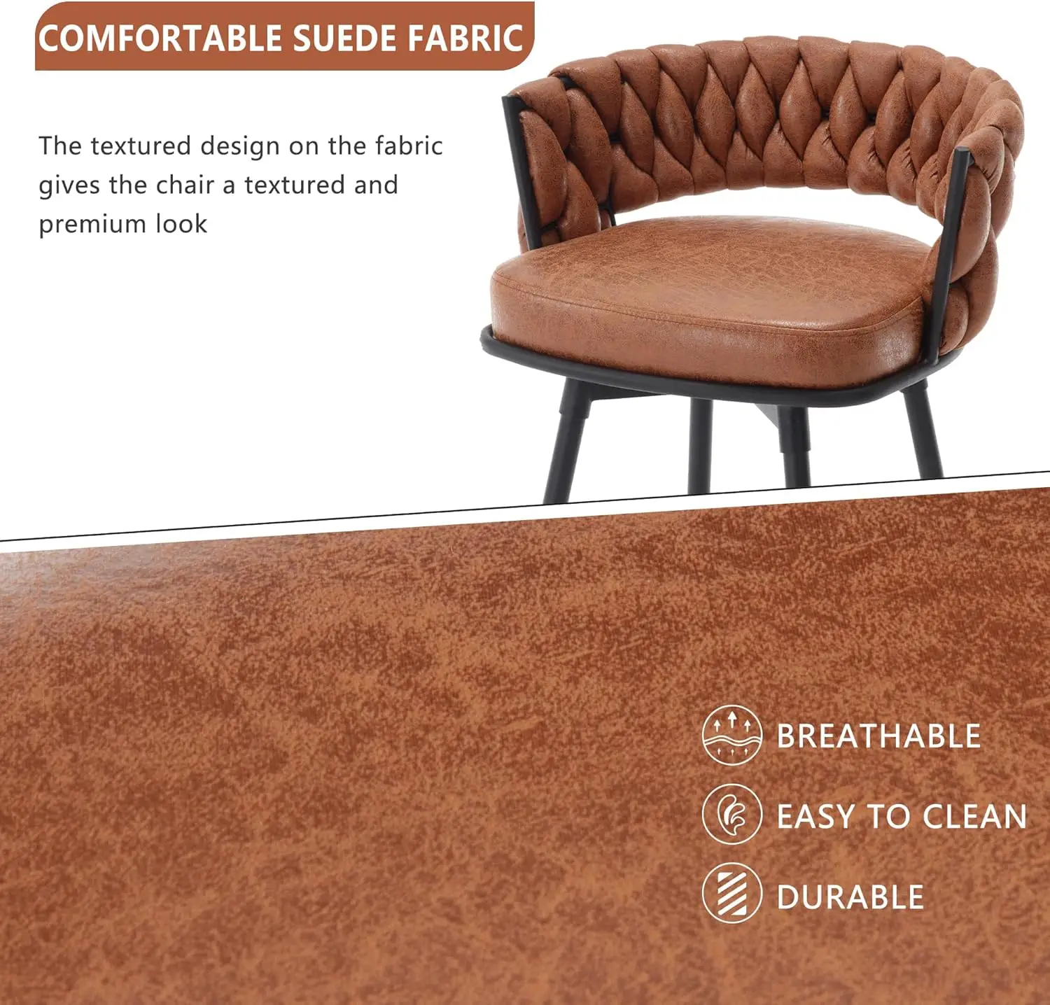 BV Counter Height Bar Stools Set of 2, 26' Seat Height, 180° Swivel, Woven Back & Footrest, Suede Fabric for Kitchen Island, Bar