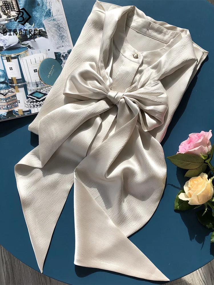 

BirdTree 17MM 100%Real Silk Shirt for Women, Pearl Satin Long Sleeve Bow, Elegant Fashion Blouses, 2024 Spring New Tops T41576QM