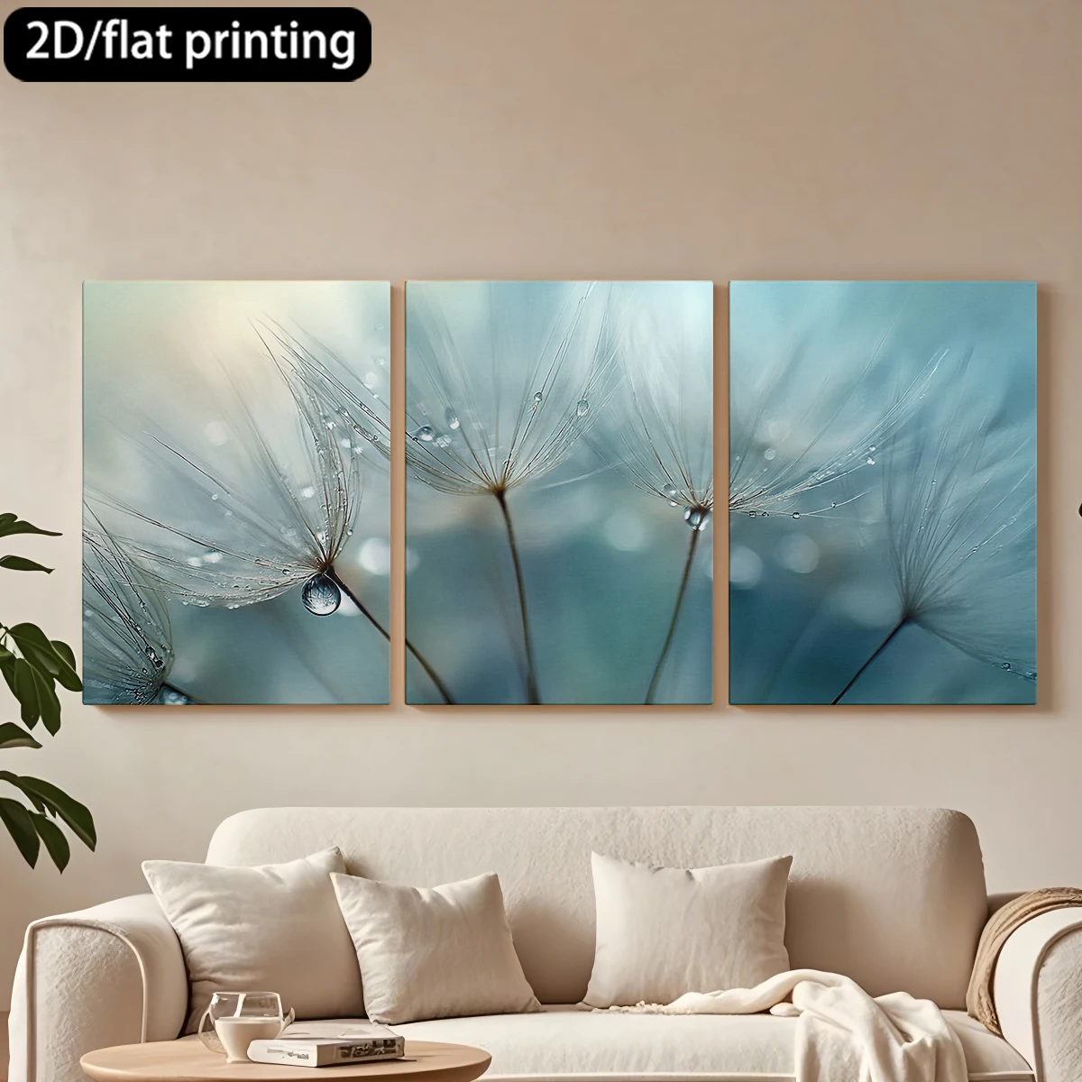 

2D плоская печать, набор из 3 картин на холсте в деревянных рамах: Декоративная картина «Семена одуванчика с каплями росы». Декор для коридора и спальни.