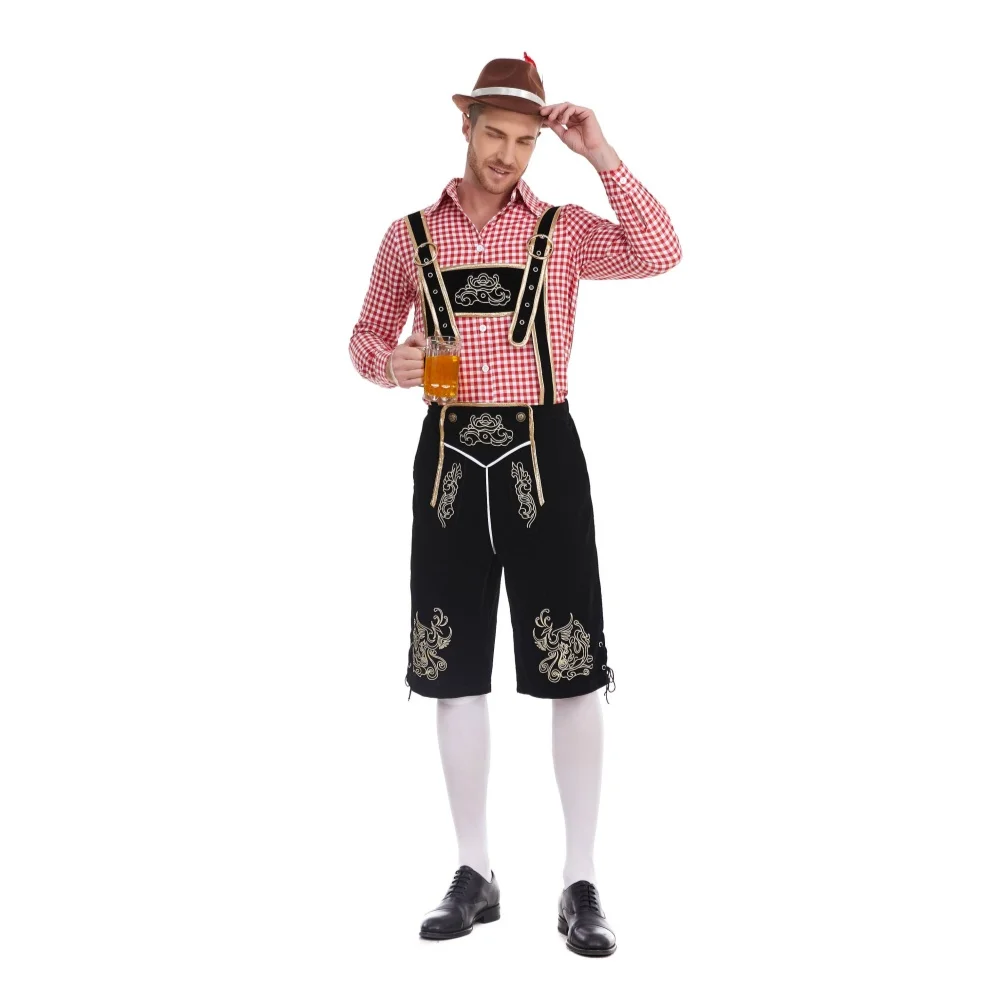 Three-Piece Set Oktoberfest Lederhosen Costume for Men Bavarian German Beer Festivals Suspenders Shirt Hat Male Cosplay Costumes