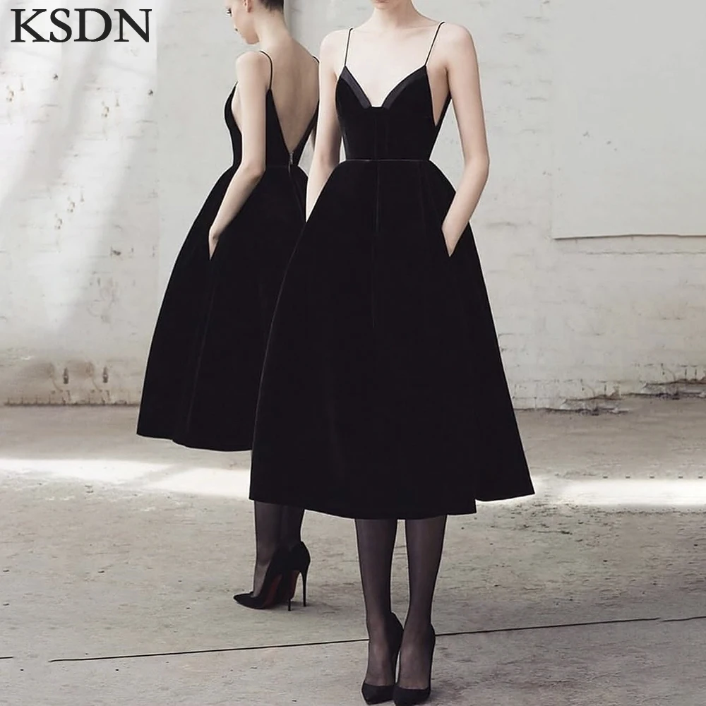 

KSDN Black Velvet Evening Dresses Formal A-Line Spaghetti Strap Sleeveless Tea-Length Gowns Special Occasion Birthday Dress