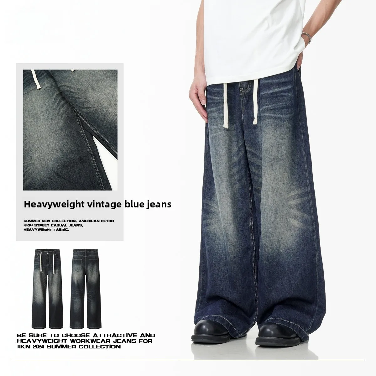 

American Retro Waed Elastic Waist Straight Leg Jeans ex Simple Versatile Slimming Pants Cotton Blend Long Trousers