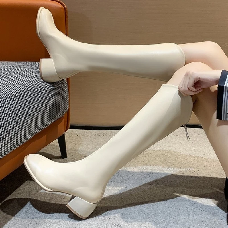2024 New High Quality Women Boots Fashion Knee High Boots Thick Heel Ladies Long Slip on Autumn Winter Shoes Woman Length 34-43