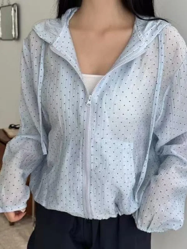 

Chic Summer Thin Polka Dot Hooded Shirt Jacket French Style Polyester Long Sleeve Deformable Women's Outerwear