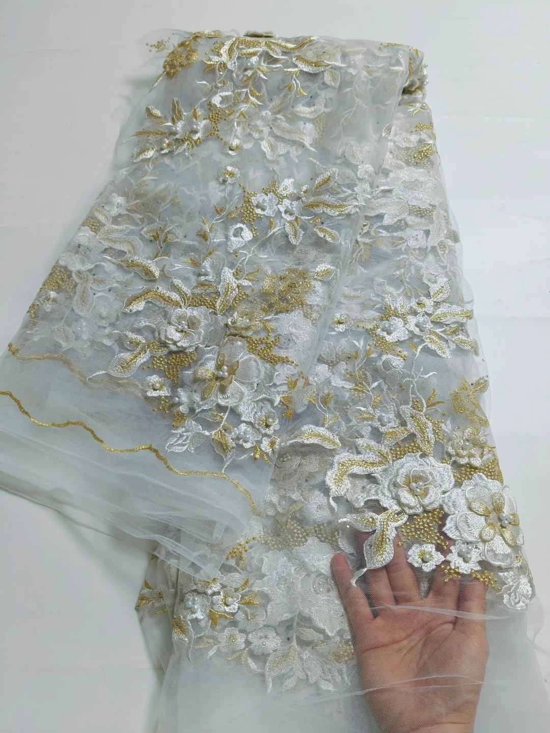 Hot Sales Classic 3D Applique Fabric High Quality Latest African Tulle Mesh Lace with Beads Stones For Wedding Dress NN3899_K