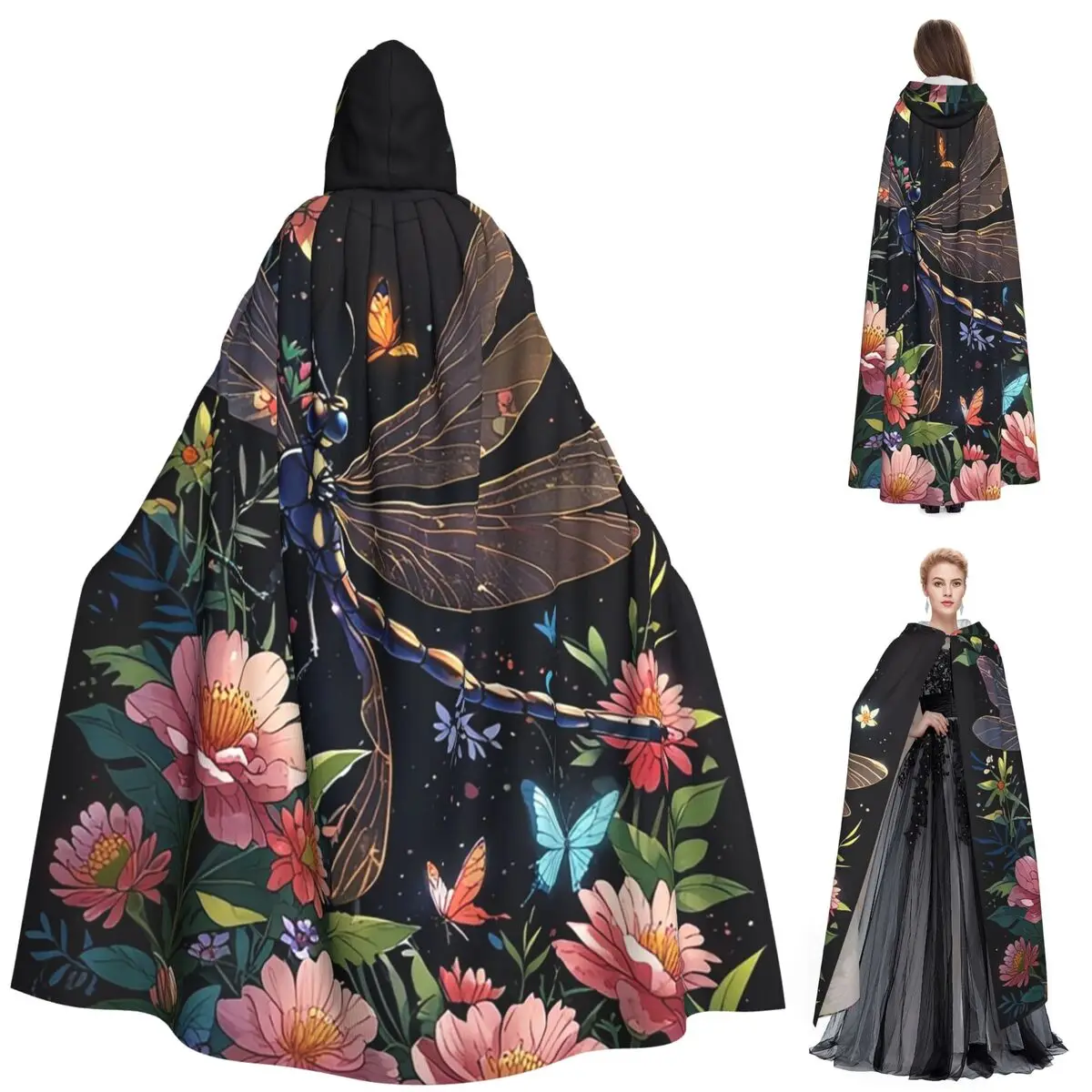 

Изящный длинный плащ с капюшоном со стрекозой, средневековый костюм ведьмы, накидка для косплея, накидка на Хэллоуин, вампир, для взрослых, унисекс