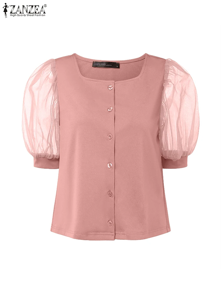 เสื้อขนาดบวก ZANZEA Elegant Office Lady ผู้หญิงตาข่าย Patchwork เสื้อเซ็กซี่สแควร์คอเสื้อลําลองเสื้อแฟชั่น 5XL